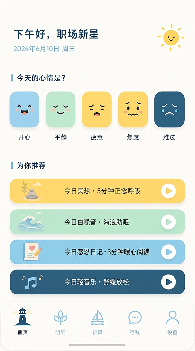 根据原图修改情绪打卡首页：背景为米白#F9F7F3全屏；顶部问候文字“下午好，职场新星”颜色改为深海蓝#2C5F7A，字号20px，字重600，右侧添加暖黄#FFD666小太阳图标表示打卡状态；日期显示“2026年6月10日 周三”颜色改为天蓝#7EC8E3，字号12px，字重400；保留5个横向排列的情绪卡片，分别是：开心为天蓝#7EC8E3背景加笑脸表情，平静为薄荷绿#B5E6C3背景加平静表情，疲惫为暖黄#FFD666背景加疲惫表情，焦虑为暖黄#FFD666背景加焦虑表情，难过为深海蓝#2C5F7A背景加难过表情，卡片尺寸为60px × 60px，大圆角16px；在推荐区增加到4行垂直排列卡片，间距12px，分别是：第一行暖黄#FFD666卡片，内容“今日冥想 · 5分钟正念呼吸”，右侧添加播放图标；第二行薄荷绿#B5E6C3卡片，内容“今日白噪音 · 海浪助眠”，右侧添加播放图标；第三行天蓝#7EC8E3卡片，内容“今日感恩日记 · 3分钟暖心阅读”，右侧添加播放图标；第四行深海蓝#2C5F7A卡片，内容“今日轻音乐 · 舒缓放松”，右侧添加播放图标；底部改为五个导航图标：首页、明细、预算、存钱、设置，选中态为深海蓝；保持整体清新简约治愈风格。