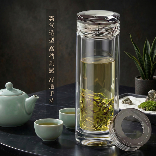 将背景替换为高档简洁大气的暗黑主题，玻璃杯右侧盖子最中间最小圆圈部分改为透明效果，可透视对面；添加大师级灯光效果，强化玻璃杯质感与通透性，确保通过杯体可清晰看到对面；主产品居中展示，保留竖排文字‘霸气预览效果