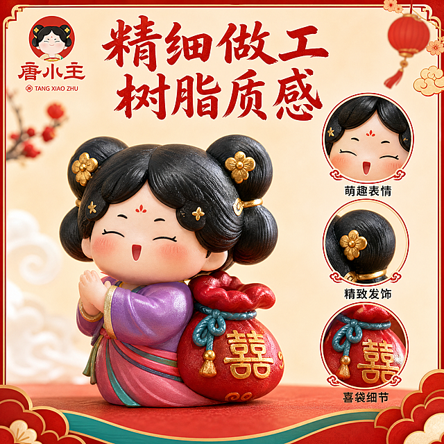 [主图-2] 唐小主盲盒添喜气款细节展示图，清晰呈现公仔做工细节与树脂材质质感，打消品质顾虑。
[统一基调] 国潮唐风喜庆风格，主色中国红+粉紫色，辅助色金色，标题用粗体书法风宋体，说明文字用简洁黑体，整体热闹有节日感，符合抖音强视觉冲击调性。
[画面] 画面采用特写+细节标注的方式展示添喜气款公仔。主体是公仔上半身特写，清晰展示面部表情（眯眼笑、红脸蛋、额头花钿）、发髻细节（黑色发髻配金色小花发饰）、喜袋细节（红色喜袋金色囍字和绳结）。画面右侧有3个圆形细节放大框：分别放大面部表情、发饰细节、喜袋囍字纹理。背景是浅米色渐变，简洁干净突出产品。左上角放置唐小主Logo。
[光影质感] 柔和均匀打光，树脂材质的温润感和细腻做工清晰可见，衣纹、发饰等细节锐利，无过曝无死黑，整体精致有质感。
[配色] 背景浅米色，公仔色彩还原真实，细节框用红色描边，文字深红色。
[文字版式] 顶部大标题"精细做工 树脂质感"，红色粗体书法字居中。每个细节放大框下方对应小字标注："萌趣表情""精致发饰""喜袋细节"，黑体小字。
[输出要求] 1:1正方形，2K高清，细节清晰，文字清晰可读，无变形错字，无水印无平台Logo。