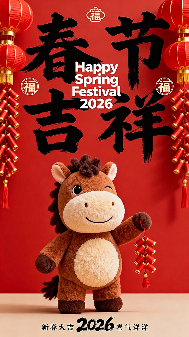 纯正面小马，Q 版棕褐配色的拟人毛绒小马公仔（腹部是浅米色毛绒，单眼眯起微笑，鬃毛为深棕短绒质感，圆鼓鼓的肚子），站立，一手举迷你红色鞭炮串；大红色背景，搭配红 / 金（灯笼、鞭炮串）；小马公仔位于画面中下部核心区域；画面上部排布大号黑色毛笔大字 “春节 吉祥”（笔触清晰），中间叠印白色体小字 “Happy Spring Festival 2026”，背景文字两侧点缀两个圆形 “福” 字标识，画面顶部有小型 “福” 字图形标识，底部有黑色很小的字 “新春大吉 2026 喜气洋洋”（2026 为毛笔字体）。