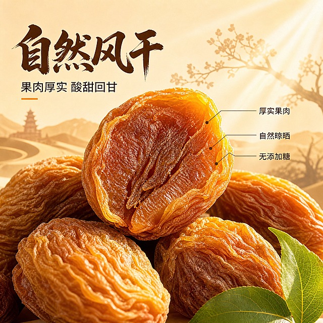 [主图-3] 细节特写 自然风干 果肉厚实主题。
[统一基调] 国潮清新食品风，整体暖杏黄+翠绿点缀，主标题用粗厚书法体深棕色，辅助文案用清爽黑体深褐色，强调色为暖橙色，画面自然暖阳逆光，通透有食欲。
[画面] 微距特写视角，画面中央是一颗被掰开的李广杏干果肉，横截面展示厚实的深褐琥珀色果肉，纤维纹理清晰可见，表面有自然风干的褶皱与光泽；周围散落4-5颗完整杏干果肉，堆叠自然。背景为浅米色虚化，融入敦煌沙漠与杏树剪影，右上角有一缕阳光斜射形成丁达尔效应，增强自然风干氛围。右下角放置一小片绿色杏叶点缀。
[光影质感] 侧逆光微距摄影，果肉边缘有透亮轮廓光，表面纹理与褶皱细节丰富，油润光泽自然，底部有柔和投影，高级食品微距质感。
[配色] 暖杏褐为主色调，背景浅米，点缀绿色杏叶，字色深棕+金色强调，温暖高级。
[文字版式] 左上角主标题大字“自然风干”，下方副标题“果肉厚实 酸甜回甘”；右侧用极细引线指向果肉横截面，标注“厚实果肉”“自然晾晒”“无添加糖”三个细节点，文字小而清晰。
[输出要求] 1:1正方形，2048*2048，果肉纹理清晰，文字清晰无错字，无水印无平台Logo，无多余杂物。禁止变形、错字、模糊、果肉不真实。