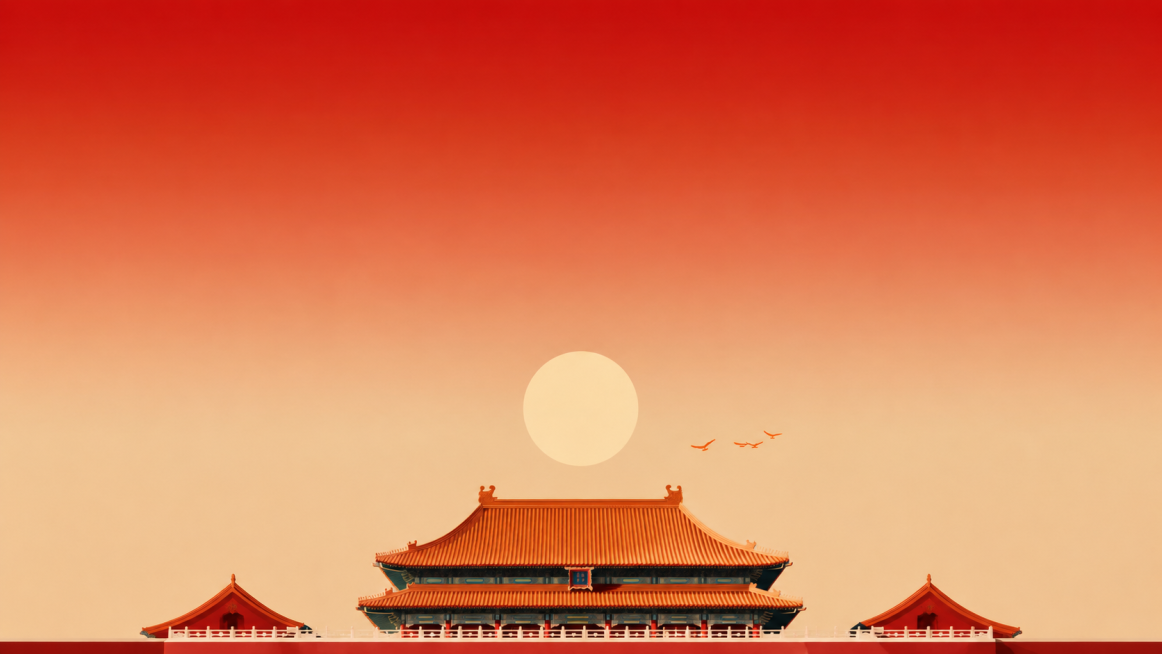 将原图改成16:9比例，保持故宫建筑的扁平插画风格不变，将故宫主视觉移动到画面下方，上方留出干净的渐变红色空白区域用作标题，保持居中构图，保留原有的太阳、飞鸟元素，保持色调光影正常，提升整体画质，风格预览效果