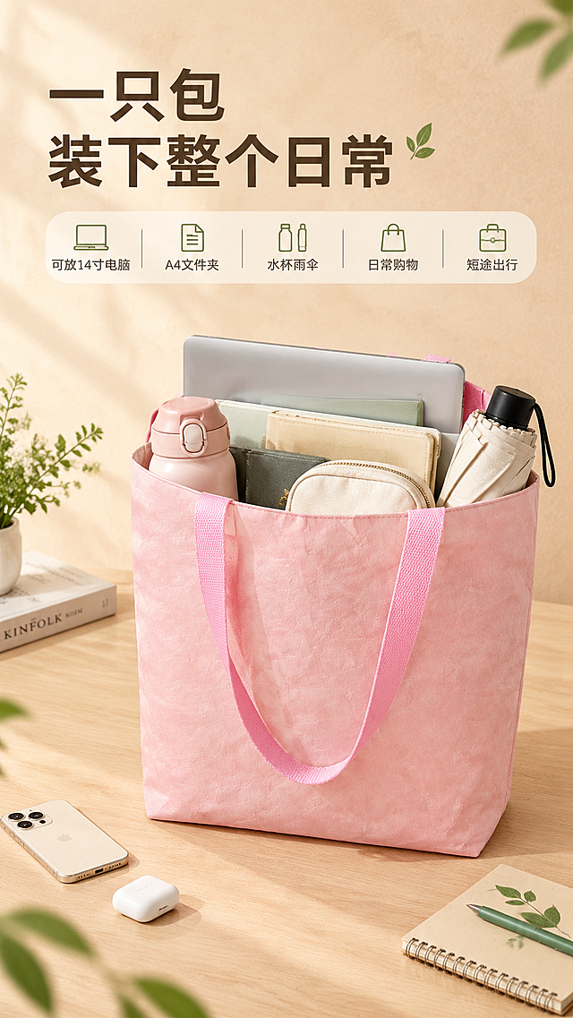 [商品] 使用【图2】樱花粉色杜邦牛皮纸购物袋；保留包型结构、杜邦纸肌理、织带提手、颜色和缝线；包口微开，内部放入真实日常物件，自然展示大容量，不改变包型和颜色。
[画面] 目标：容量实测展示页，用真实物件直观体现长40宽30的大容量。构图：购物袋居中偏右，包口敞开，露出内部收纳的物品（笔记本电脑、文件夹、水杯、折叠伞、化妆包等），左侧文字区，主体占画面60%。景别：中景。背景为浅木色桌面，旁侧散落几样小物件做呼应。
[视觉] 套系策略：风格=清新自然环保风·高级商业摄影；标题字=现代简约无衬线粗体；正文字=纤细无衬线体；主色=牛皮纸暖棕；背景延展=基于暖棕做浅米-奶白渐变、同色系纸张肌理质感、柔和木色台面；强调色=果绿色，仅用于小面积图标、引线和标签点缀；标题色=深炭棕；正文色=中暖灰；组件=圆角浅米色信息卡、细棕线引线、小绿叶图标；光影=左前侧暖柔自然光，柔和投影。
[文字] 左上主标题「一只包 装下整个日常」，下方列出5个容量标签：「可放14寸电脑 / A4文件夹 / 水杯雨伞 / 日常购物 / 短途出行」；配小图标，横排排列。
[规格] 图片比例9:16竖版，分辨率4K，quality=medium。避免变形、错字、文字过小、冷蓝背景、包型失真、绝对化用语。