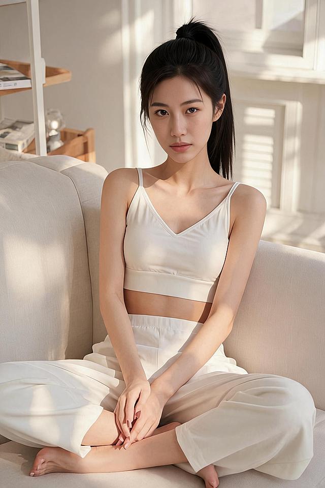 22 岁中国居家年轻女孩，素颜，身穿白色套装，气质干净利落，身材苗条，有下颌线，高颧骨，眼神坚定，扎着高马尾，卧室窗边自然光，原相机实拍，真实皮肤质感，拒绝精修网红脸，正视图全身照