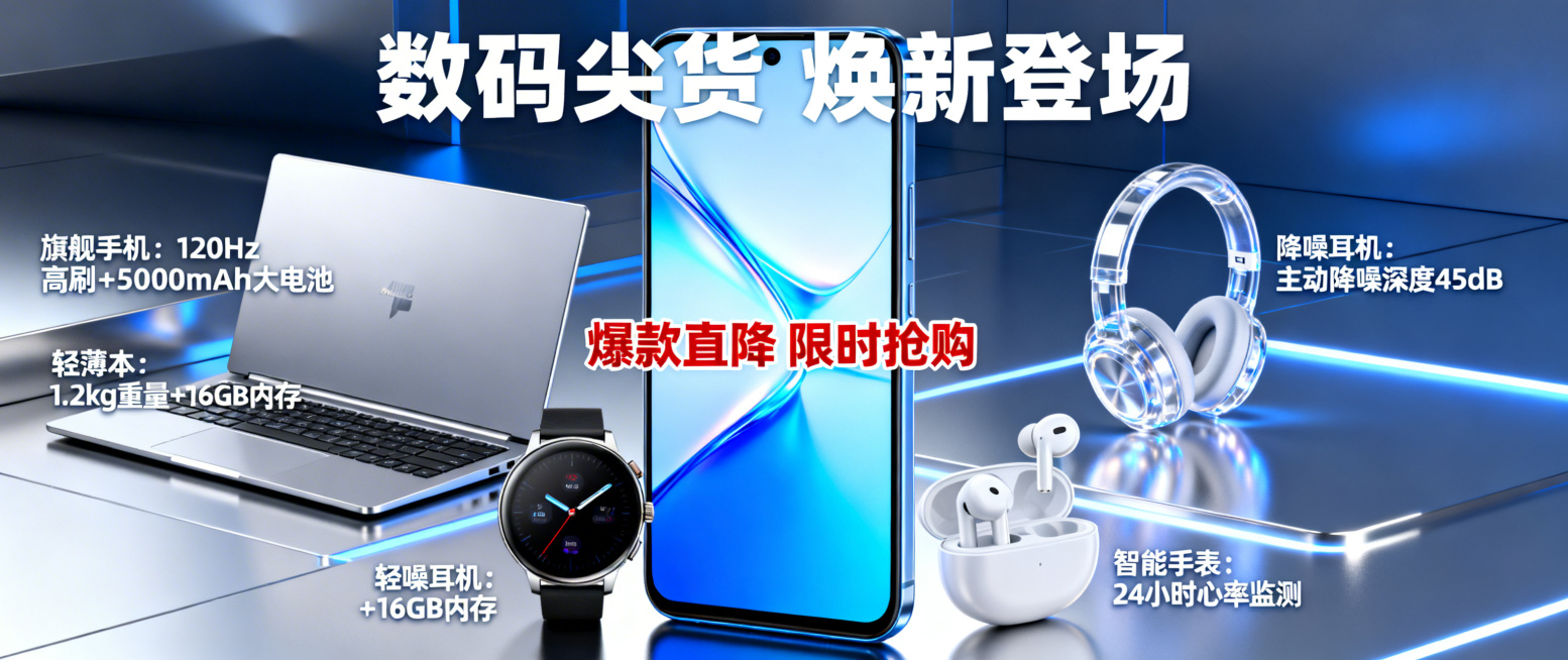 数码产品专卖店轮播图，内容丰富，展示热门数码产品如手机、笔记本电脑、耳机、智能手表，现代科技风格，视觉冲击力强，构图饱满色彩鲜明，突出产品卖点，符合电商店铺宣传氛围预览效果