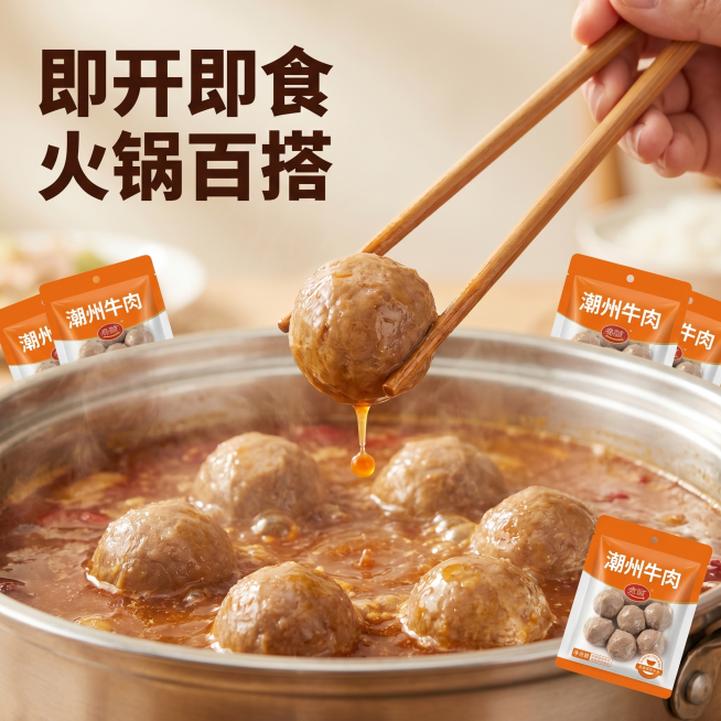 [主图-4] 食用场景体验，潮汕即食牛肉丸。[氛围风格] 真实日常诱人的火锅食用场景，代入感强；[画质] 商业摄影质感、光线柔和通透、产品清晰真实、画面干净高级；[元素] 热气腾腾的火锅里捞出几颗牛肉预览效果