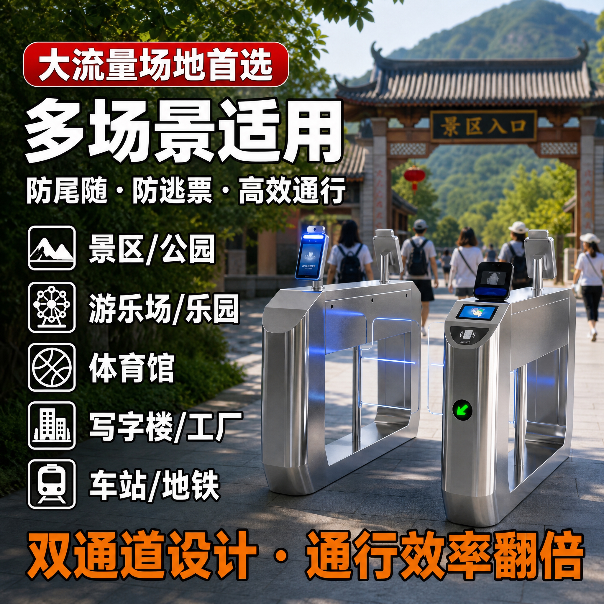 [主图-4 真实场景] 智能三辊闸真实使用场景图，景区入口场景… - 图片创意预览