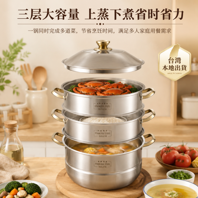 1:1 正方形实用风详情页，温暖厨房场景，分层展示蒸锅使用状态：下层煮汤、中层蒸饭、上层蒸海鲜，直观呈现「一锅多用」效果；严格还原上传的产品图三层结构、蒸格细节，完整还原产品做工；画面顶部居中标题模组预览效果