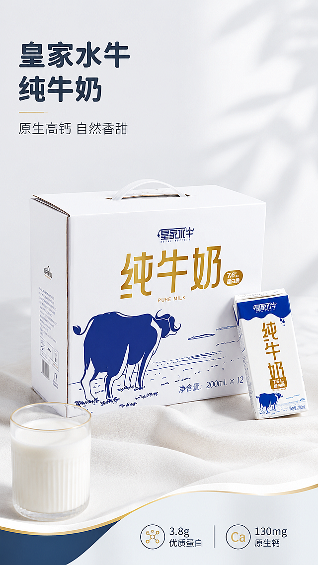 [第1屏] 详情页头图-皇家水牛纯牛奶产品宣传主视觉。本屏使用【图1】作为商品主体。
[氛围/风格] 简约干净高级风，蓝白金配色，商业摄影质感，通透自然光感。
[元素布局] 产品礼盒放在画面中下部，占比约65%，单盒产品斜放于礼盒右侧，左上角预留主标题区域；背景搭配干净浅灰色衬布，左下角添加一杯倒好的牛奶作为场景点缀，保证礼盒包装结构、颜色、文字信息与图1完全一致。
[光影质感] 正面柔和均匀布光，产品边缘保留自然阴影，奶杯高光通透清晰，整体画面干净明亮。
[配色色系] 全局底色 #F5F7FA，主色藏蓝色+金色，辅助色奶白色，保持简约清爽调性。
[视角构图] 正面平视视角，产品作为绝对视觉中心，阅读动线从上到下：左上标题→中部产品→底部点缀，层次清晰。
[文字版式] 版式为顶标题+中产品+下点缀。主标题「皇家水牛纯牛奶」加粗圆角黑体，副标题「原生高钙 自然香甜」浅灰色细体；文字区域左对齐，不遮挡产品主体；左下角小文字标注「3.8g优质蛋白 130mg原生钙」，文字清晰不拥挤。
[比例分辨率] 9:16 竖版比例，4K分辨率，文字清晰可辨，高清画质。
[负向提示词] 产品变形，包装文字错乱，缺件错件，颜色偏差，背景杂乱，水印，文字模糊