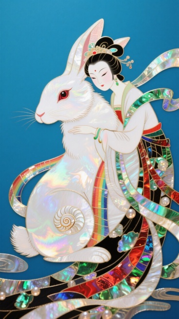中式古风风格，螺钿工艺，大白兔，嫦娥微微靠在兔子身上，兔子更大，飘逸，色彩柔和，蓝绿红配色预览效果