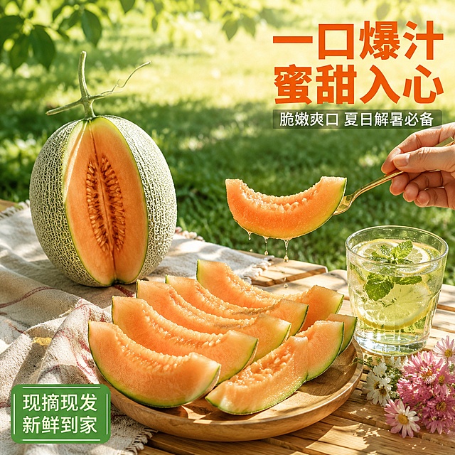 [主图-4] 西州蜜哈密瓜食用场景与爆汁体验图，生活方式代入感。
[氛围风格] 夏日清凉野餐风，自然惬意，食欲感满满；
[画质] 商业生活摄影质感、光线明亮柔和、果肉色泽诱人、汁水动态清晰、画面清新有活力。
[元素] 画面中央木质野餐桌上摆放着切开的西州蜜哈密瓜，有切好的月牙形瓜块整齐码放在原木色餐盘里，瓜块果肉橙红饱满、边缘带薄皮，看起来脆嫩多汁。一只手（仅露出手腕和手指部分）正用叉子叉起一块哈密瓜，瓜块上有晶莹的汁水欲滴的动态感。旁边放着一杯加了薄荷叶的柠檬水、一块棉麻餐布、几朵小野花作点缀。背景是虚化的户外草地与树荫，阳光透过树叶洒下斑驳光影，营造夏日清凉氛围。**保持哈密瓜的网纹外皮、橙红色果肉、形状比例与输入产品图绝对一致，切开后果肉厚度、颜色真实自然，杜绝变形和色差**。哈密瓜（含切块）整体占比约55%，画面满屏无边框。
[光影] 自然树荫下的漫射阳光为主光，明亮柔和不刺眼，果肉表面有温润光泽，汁水处有高光点缀；斑驳光影落在桌面与瓜块上，增加生动感；整体光感清新夏日，通透舒适。
[配色] 主色果肉橙红+瓜皮绿；辅色原木棕、薄荷绿、餐布米白；点缀色阳光金黄、野花淡粉。
[视角构图] 45度俯视视角，餐桌与哈密瓜切块为视觉中心，位于画面中下部；上方与右侧留作文案负空间；前中后景分层（前景餐布、中景瓜块与手、远景树荫草地），景深中等，远景自然虚化。
[文字版式] 右上负空间右对齐留安全边距，主标题「一口爆汁 蜜甜入心」，橙红色大号粗体无衬线；下方辅助文案「脆嫩爽口 夏日解暑必备」，白色中号，带极淡深色底衬保证可读性。左下角小标签式文案「现摘现发 新鲜到家」，绿底白字圆角小标签，字体醒目。
[输出要求] 1:1比例，文字清晰锐利可辨，超高清商业摄影质感。
[负向提示词] 变形，文字错乱，哈密瓜模糊，背景杂乱，水印，电商平台Logo，多余的手，畸形手，手指扭曲，人物面部。