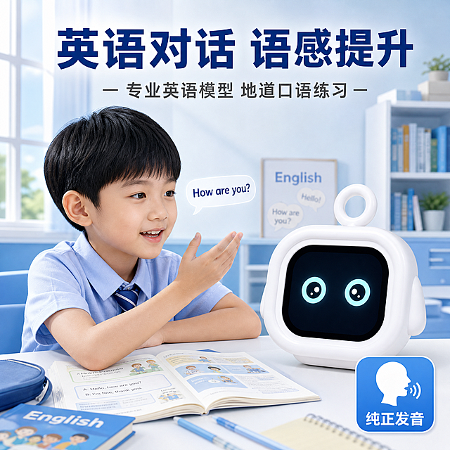 英语学习产品主图，儿童教育场景。画面右侧展示白色方形圆角AI陪练机，顶部有挂环，正面黑色屏幕显示两只浅蓝色圆形眼睛，产品占画面约百分之三十五。画面左侧有一位小学生坐在书桌前练习英语对话。书桌上摆放英语课本和学习用品。背景是明亮的书房环境，有书架和窗户。整体色调清新明亮，蓝白色系。画面上方有大字标题英语对话 语感提升，下方有小字说明专业英语模型 地道口语练习。右下角有蓝色图标卡片标注纯正发音。1比1正方形比例，产品清晰，文字清晰。