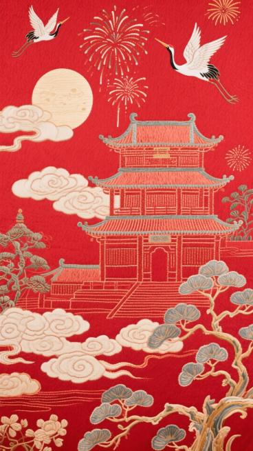 红色背景中有天安门、圆月、云彩，下方有祥云围绕、上方有烟花、仙鹤。预览效果