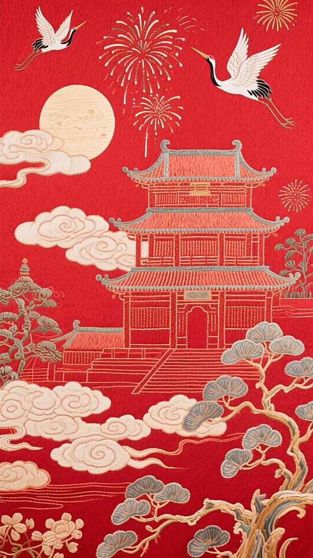 红色背景中有天安门、月亮。下面有祥云、上面有烟花和仙鹤