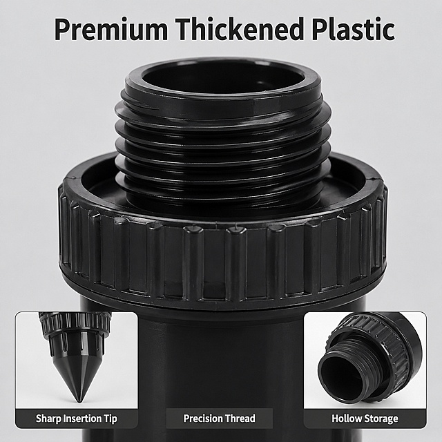 [Main Image 3] Material and craft detail close-up of the sprinkler key hider.
[Atmosphere Style] Close-up professional product photography, highlights premium material quality
[Image Quality] Commercial photography texture, soft and even light, clear detailed performance, high resolution
[Elements] Main画面 is a close-up of the top threaded cap area of the black sprinkler key hider, the threaded structure and the top opening is in focus. Keep product material, thread texture, color completely consistent with input image, no distortion or color difference. Two small inset boxes at bottom: left insets shows the pointed tip for ground insertion, right insets shows the hollow interior storage space. Each inset has a small text label. Product body occupies 70% of the image.
[Lighting] Soft directional side light, highlights the plastic texture and threaded ridge, clear shadow on the thread, shows the precision of the process.
[Color Matching] Light gray background, black product, the label text is white on dark gray small block background, high contrast.
[Perspective Composition] Main close-up at center, two small insets at bottom, layered layout, all details clear.
[Text Layout] Main title "Premium Thickened Plastic" at top in large bold English. Each inset has corresponding label: "Precision Thread" "Sharp Insertion Tip" "Hollow Storage" in small text, all text in English, clear contrast, no product occlusion. No Chinese characters.
[Output Requirements] 1:1 ratio, 2048px x 2048px, text clearly recognizable, ultra HD commercial photography quality.
[Negative Prompt] Deformed product, blurry product, distorted text, cluttered background, watermark, extra logo, Chinese characters, marketing border