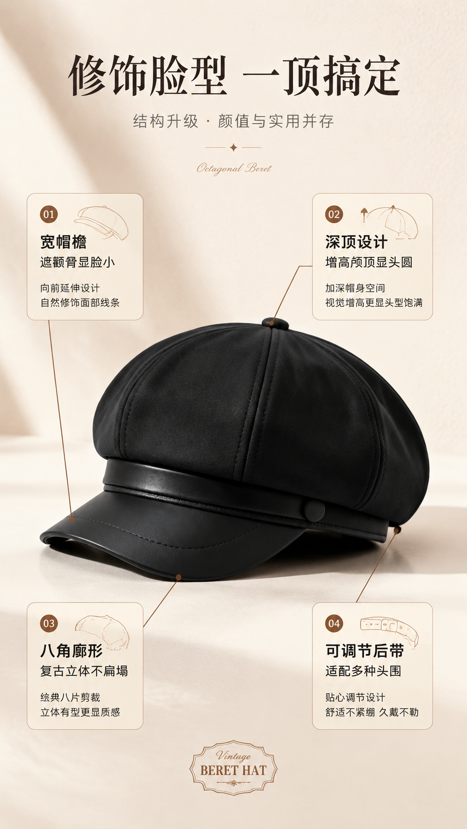 [商品] 使用【图9】黑色款八角贝雷帽产品图；商品处理：保留八… - 图片创意预览