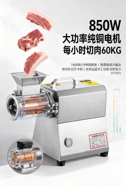 第3屏大功率高效加工核心卖点图，比例2:3，高级商用厨电写实风格，整体色调与前屏保持统一，8K超清画质，动态光影布光。画面主体为60型鲜肉切片机鲜肉加工动态效果，搭配纯铜电机内部结构透明化特写，严格还预览效果