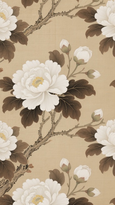优雅的中国传统花卉图案背景，以细腻的工笔白描技法绘制，主体为盛开的白色花朵，花瓣层次丰富，花蕊呈淡黄色，搭配深棕色的叶片，叶脉纹理清晰可见，枝干蜿蜒舒展，花朵与花苞错落分布，整体构图疏密有致，色彩和谐统一，形成连续的无缝图案，展现出古典雅致的东方美学韵味。预览效果
