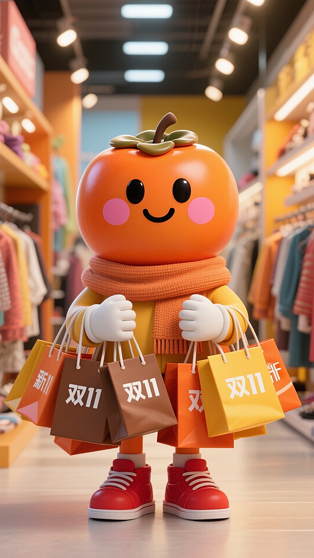 中心是一只拟人化的柿子，绘有黑色小眼睛、微笑和粉红腮红，白手套，红色的鞋子，戴着围巾。它在两只手拿了很多购物袋。购物袋上面写着“双11”。主色调为棕色，橙色和黄色。在服装店里。
