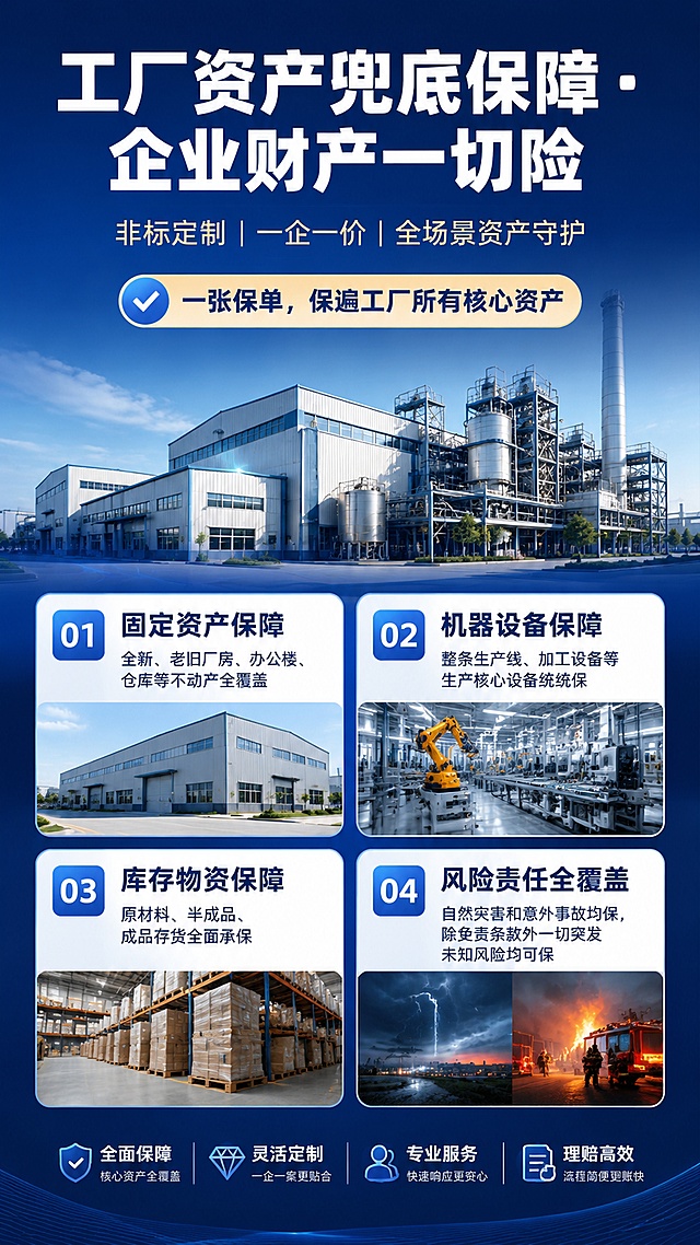 专业商务保险宣传海报，整体深蓝稳重配色，写实商业风格，排版精美。顶栏放主标题“工厂资产兜底保障・企业财产一切险”（超大粗体），主标题下方小字放副标题“非标定制｜一企一价｜全场景资产守护”。画面上部居中放置装饰文案“✅ 一张保单，保遍工厂所有核心资产”。主体分四个信息区块，依次展示：1.固定资产保障：全新、老旧厂房、办公楼、仓库等不动产全覆盖；2.机器设备保障：整条生产线、加工设备等生产核心设备统统保；3.库存物资保障：原材料、半成品、成品存货全面承保；4.风险责任全覆盖：自然灾害和意外事故均保，除免责条款外一切突发未知风险均可保。整体信息分区清晰，层级分明，留白适当，专业可信，四边留足安全边距，所有文字清晰可读。