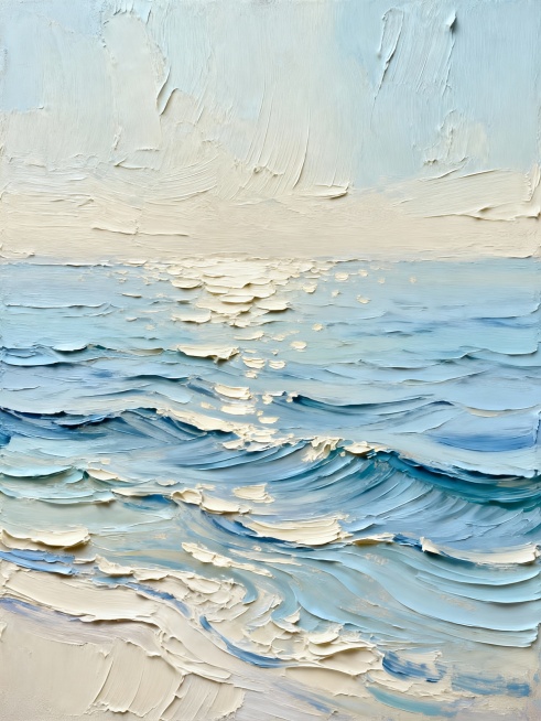 厚涂肌理艺术风格，主色调为渐变的浅蓝色与柔和的米白色，色彩和谐统一，呈现出宁静清新的氛围。画面具有强烈的笔触质感，颜料堆积形成明显的立体纹理，线条流畅且富有动感，带有自然的波浪状起伏。光影柔和，高光部分细腻地点缀在纹理的凸起处，阴影则自然地凹陷于笔触的沟壑之中，整体构图呈现出一种流动的视觉引导线，景深控制使得近处的肌理清晰可见，远处逐渐柔和过渡。在保持这种独特厚涂质感和色彩渐变的基础上，融入自……预览效果