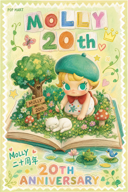 泡泡玛特POP MART MOLLY 20周年纪念海报，治愈系童趣卡通插画，手绘涂鸦质感，蜡笔+马克笔手绘肌理，复古贴纸拼贴风格，不规则白色锯齿边框，Q版经典MOLLY潮玩形象，标志性齐刘海短卷发，大预览效果