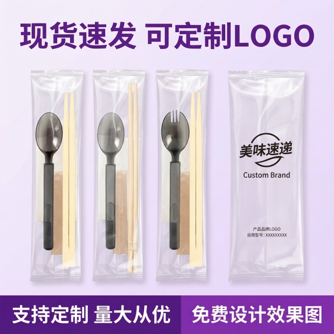 一次性筷子四件套电商主图，1:1比例。顶部核心信息区主标题为“现货速发 可定制LOGO”，紫色粗体字。中部商品展示区居中放置上传的一次性筷子四件套产品，旁边放着一个印刷有品牌LOGO的包装袋样品，背景预览效果