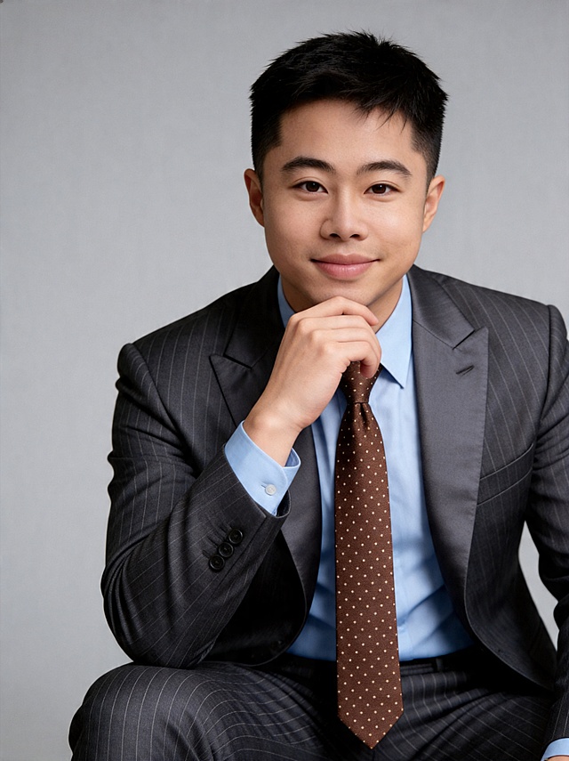 参考图中保留人物脸型、发型、年龄等特征生成职场形象照,标准焦段50mm,f/4光圈(f/2.8-f/4区间),平视视角(镜头与人物视线齐平);人物占画面70%,人物居中(居中构图),位于画面中心,为视觉聚焦点,入境范围头部及以下至臀部下方10cm(半身像);左右留少量背景空间;头部与画面顶部保留5%空间;头部发型完整,头肩比例协调,人物结构准确;发质微微柔顺，微微蓬松。身穿炭灰色细条纹精纺羊毛混纺西装外套,(平驳领设计,面料呈细腻微微哑光质感);内搭浅蓝色高支精梳棉衬衫;下装炭灰色细条纹精纺羊毛混纺西裤;系棕色波点真丝领带;着装正式干练;权威沉稳、从容果决、值得信赖;身形匀称,姿态端正,身体挺拔。呈手扶下巴的自然姿态，肢体放松且自信;简约微微中度灰色纯色背景(呈现均匀柔和质感),背景光线均匀柔和,强化色彩对比的高级感。极简干净;32k画质超高分辨率、细节清晰,现代精致感风格;肤质精细化处理;眼神直视镜头,目光坚定且澄澈,表情自然。嘴角上扬;健康清透哑光肌,肤色均匀白皙,细腻平滑无瑕,保留真实毛孔纹理,自然提亮。正面柔光补光,4800K中性光,面部光比1:1.5。中近景写实摄影,对焦清晰,面部雾面柔光,轻透裸肌感,高清保留皮肤细节。分辨率4K,去除人物之外的所有元素。严格按照图片内容生成。画面比例3:4