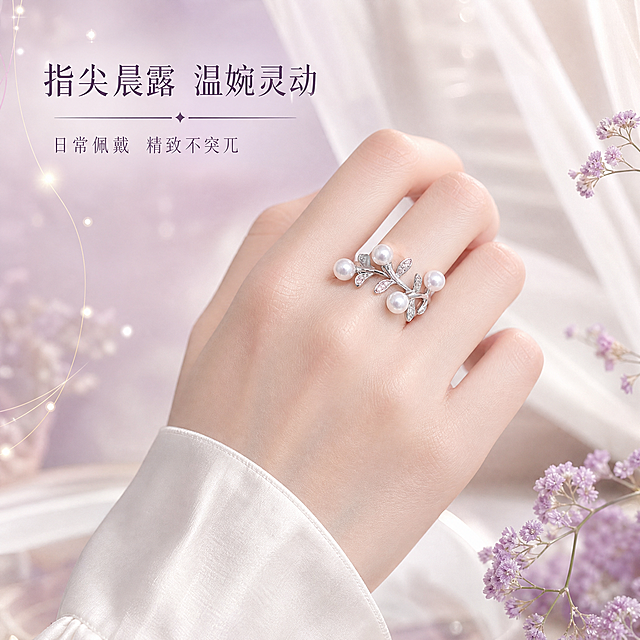 [主图-3] 佩戴效果展示，年轻女性手模佩戴戒指，呈现日常精致感与上手效果。
[统一基调] 风格=清新唯美 法式复古；主色=银白+珍珠白；背景主色=柔和粉紫渐变晕染（浅粉紫到奶白过渡）；标题字色=深紫灰；辅助字色=中灰紫；强调色=柔粉紫；字体=纤细优雅衬线体（宋体风格）；色温3500K-4000K暖白光；光质=柔光漫反射；组件=极细金线点缀、珍珠光斑、叶片剪影装饰。
[画面] 年轻亚洲女性的手部特写，手指纤细白皙，戒指佩戴在中指上，手部自然放松呈轻握姿态，从斜侧角度展示戒指的佩戴高度与枝叶造型的灵动。手模穿着白色丝绸衬衫袖口，袖口微露。背景为粉紫柔焦虚化的室内场景，隐约可见白色纱帘与几支淡紫色小花。戒指为画面视觉焦点，主体清晰。
[光影质感] 暖白柔光漫射，珍珠在指尖呈现温润光泽，银饰与肤色自然融合，锆石微镶处有细碎闪光。手部皮肤质感细腻，光影柔和。
[配色] 白皙肤色+银白戒指+白色衬衫+粉紫背景+淡紫花材，整体清新温婉。
[文字版式] 画面左上角，主标题「指尖晨露 温婉灵动」，副标题「日常佩戴 精致不突兀」，纤细衬线体，字号适中，不遮挡手部主体。
[输出要求] 1:1正方形，2K分辨率，手部自然无畸形，戒指佩戴位置准确，文字清晰，无变形、错字、模糊、杂乱、水印、平台Logo。