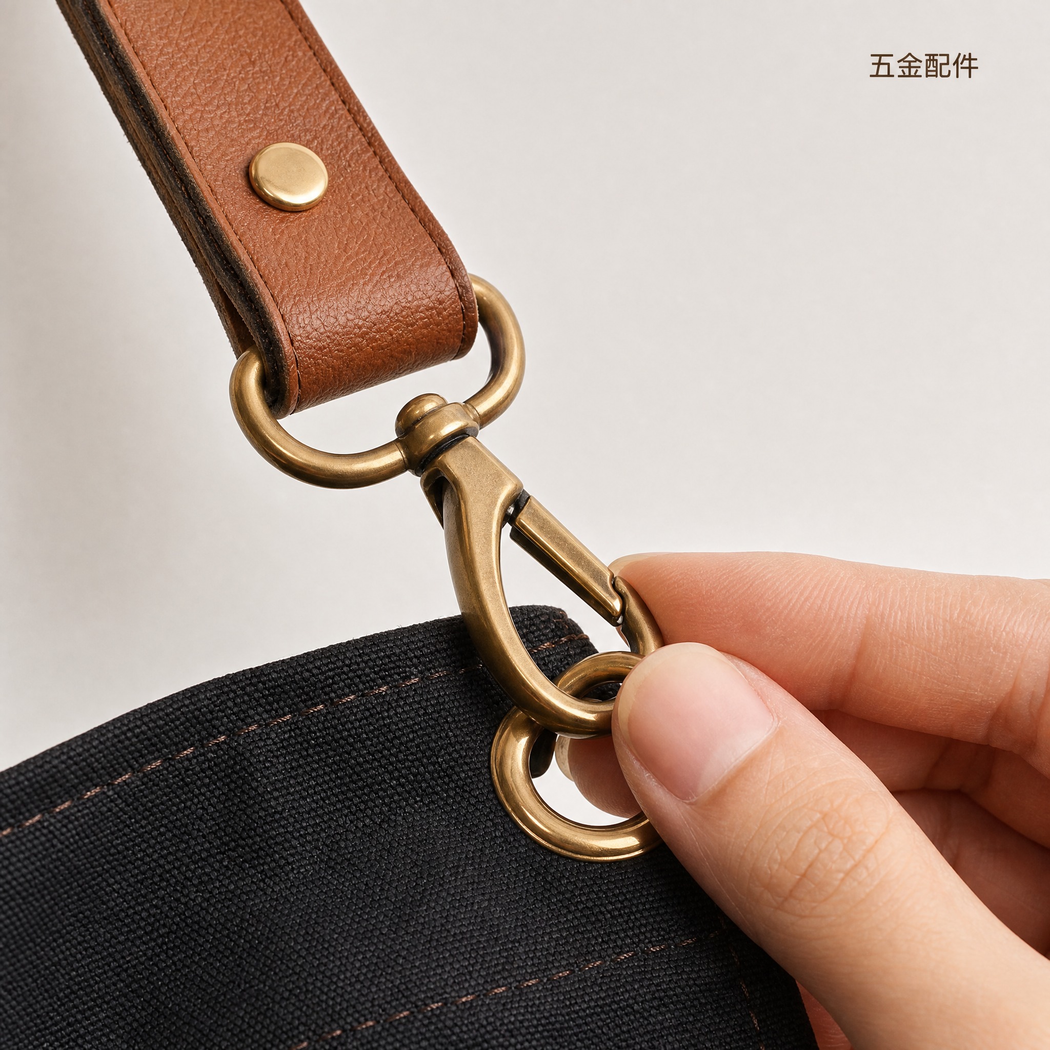 [主图-3] 黑色帆布工装围裙皮质肩带与金属环扣细节特写，突出… - 图片创意预览