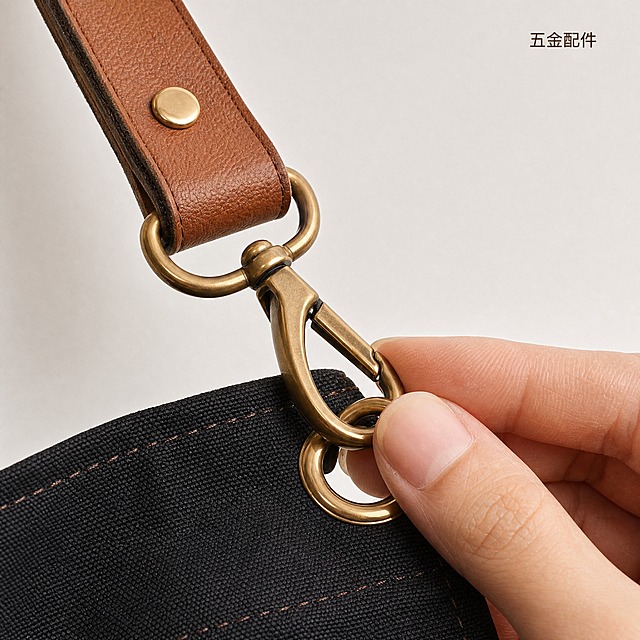 [主图-3] 黑色帆布工装围裙皮质肩带与金属环扣细节特写，突出材质工艺与五金品质。
[统一基调] 1688 B端源头感，浅灰白色背景，干净通透，商业摄影质感，文字极简不超过10字。
[画面] 围裙肩带与金属挂钩连接部位的微距特写，聚焦棕色皮质肩带、金色金属D形环与龙虾扣的连接结构。展示皮质肩带的细腻皮革纹理与边缘封边工艺，肩带上的金色金属铆钉，金属挂钩的抛光质感与精密弹簧结构，皮质与金属连接处的牢固做工。同时展示围裙上边缘的帆布包边与缝线。一只手轻触金属扣，展示扣件的开合状态与质感。产品占画面约70%，肩带五金区域为视觉中心。
[光影质感] 影棚柔光+侧逆光，勾勒皮质肩带边缘轮廓，金属扣件呈现明亮高光与细腻反光，皮革纹理自然立体，帆布面料肌理清晰，整体质感高级精致。
[配色] 浅灰白色背景，棕色皮质+金色金属为视觉重点，黑色帆布为底色，配色沉稳有品质感。
[文字版式] 画面右上角放置极简文字，不超过6个字，内容为"五金配件"，深棕色简洁无衬线字体，字号小。
[输出要求] 1:1正方形比例，2048x2048像素，材质细节清晰，无变形，无水印，无平台Logo。