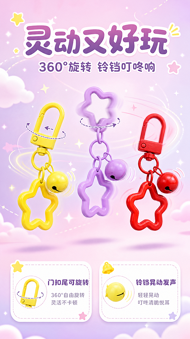 [商品] 使用【图7】亮色+紫色系门扣铃铛星星钥匙扣；保留门扣、开口圈、镂空塑料星星、小铃铛的完整结构、颜色和材质；商品处理：保持各部件比例形状不变，增强色彩饱和度。
[画面] 页面目标：功能演示，展示门扣旋转和铃铛晃动的灵动效果。构图：中央展示3个不同颜色的钥匙扣呈动态悬挂状，门扣有轻微旋转动态模糊，铃铛有晃动轨迹感；背景有柔和的动态弧线和星光点缀，表现灵动活泼的感觉；上方留标题区，下方配功能说明。
[视觉] 套系策略：风格=拼多多萌系少女风商业摄影；标题字=圆润粗黑圆角体；正文字=软萌圆角无衬线体；主色=马卡龙粉紫渐变；背景延展=基于粉紫做上下渐变、同色系云朵/星星/圆点装饰，软萌弥散质感；强调色=亮黄色，仅用于小面积标签、图标和高亮；标题色=深粉紫；正文色=中紫灰；组件=圆角白底信息卡、虚线引线、软萌小图标；光影=顶部柔光，产品下方有柔和投影，整体明亮通透。
[文字] 顶部主标题"灵动又好玩"，副标题"360°旋转 铃铛叮咚响"；下方两个圆角功能卡横向排列："门扣尾可旋转"、"铃铛晃动发声"；文字全部横排，字号保证手机端清晰可读。
[规格] 图片比例9:16竖版，分辨率4K，避免变形、错字、文字过小、颜色失真、结构缺失、冷灰背景、工业感排版。