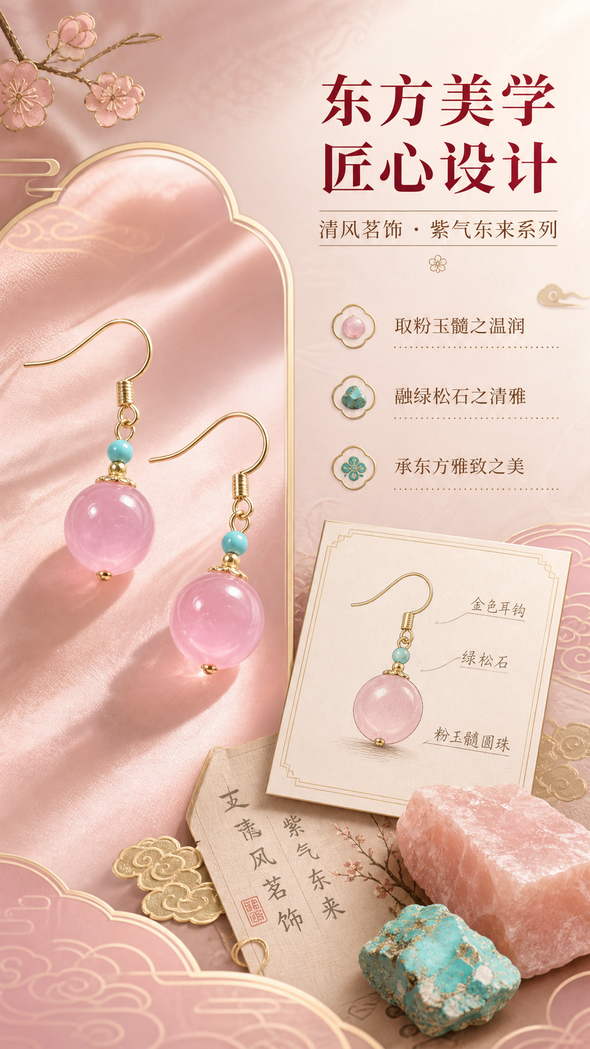 [商品] 使用【图1】左侧粉玉髓耳环产品图；保留金色耳钩、绿松… - 图片创意预览
