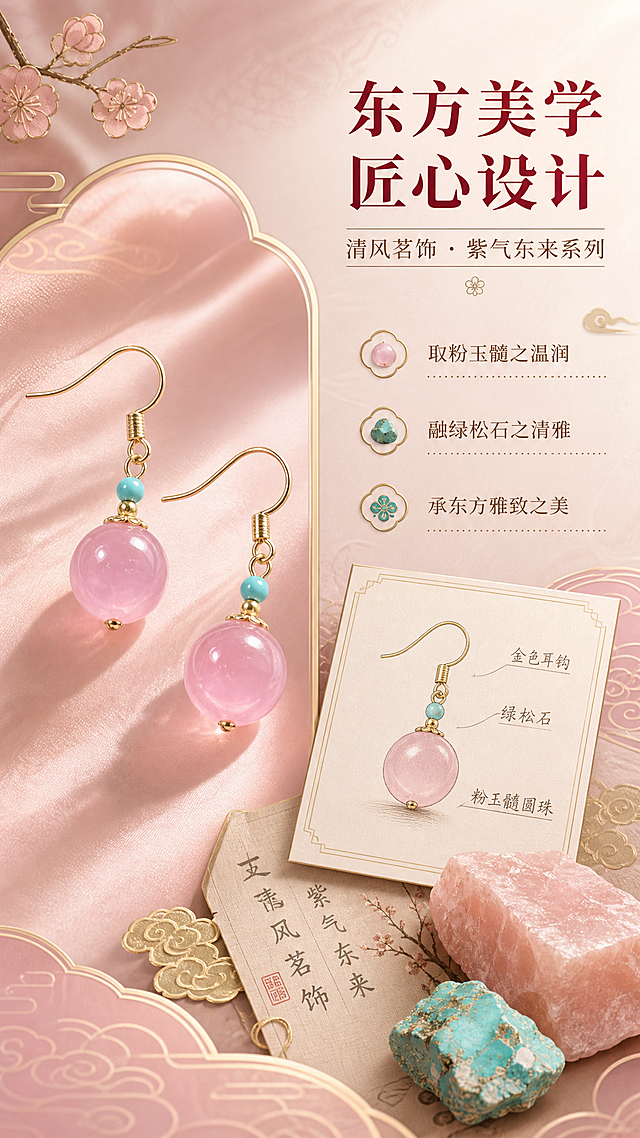 [商品] 使用【图1】左侧粉玉髓耳环产品图；保留金色耳钩、绿松石小珠、粉玉髓圆珠的结构、颜色、材质和比例；作为设计故事的主角展示，不改变商品本体。
[画面] 设计故事，工艺故事型。左半部分耳环优雅悬浮，右半部分拼贴设计元素：手绘设计稿、粉玉髓原石、绿松石矿石、国风纹样底纹，营造东方设计美学氛围，耳环占画面45%。
[视觉] 套系策略：风格=东方雅致国风轻奢商业摄影；标题字=宋体衬线粗体；正文字=简洁无衬线体；主色=粉金渐变；背景延展=基于柔粉与浅金做深浅层级、同色渐变和细腻丝绸/宣纸质感；强调色=松石绿，仅用于小面积图标、引线和标签；标题色=深酒红；正文色=暖棕灰；组件=圆角金边信息卡、细线引线、梅花小图标；光影=左前侧暖柔光，右侧轮廓光。
[文字] 右上主标题"东方美学 匠心设计"，副标题"清风茗饰 · 紫气东来系列"，下方3段短文案：「取粉玉髓之温润」「融绿松石之清雅」「承东方雅致之美」，文字排版雅致不拥挤。
[规格] 图片比例9:16竖版，4K，避免变形、错字、文字过小、冷蓝背景、耳环颜色改变、结构失真。