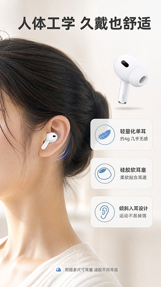 [商品] 使用【图1】白色真无线蓝牙耳机单只（左耳）；保留白色机身、入耳式硅胶耳塞、L标识、黑色传感器开孔；耳机位于画面右侧，呈入耳角度展示，占比约25%。
[画面] 目标：详情第6张，佩戴舒适页，展示人体工学设计与舒适佩戴。构图：左侧为亚洲人耳部佩戴耳机的侧面特写（占画面约45%），展示耳机贴合耳道的角度；右侧上方为耳机产品图，下方为3个舒适卖点卡片；背景为浅米色柔和居家场景虚化，带温暖柔光；整体呈现舒适放松的氛围。
[视觉] 套系策略：风格=科技极简数码商业摄影；标题字=现代无衬线粗体；正文字=简洁无衬线体；主色=纯净白+科技银灰；背景延展=基于白色做浅灰渐变、柔光光晕、细腻磨砂质感与科技线条；强调色=科技蓝，仅用于小面积图标、引线、标签和光效点缀；标题色=深炭灰；正文色=中灰；组件=圆角浅灰信息卡、细线蓝色引线、圆形icon；光影=左前侧冷白柔光，产品带光滑表面反光与底部柔和投影。
[文字] 顶部主标题「人体工学 久戴也舒适」；右侧3个卖点卡片：① 轻量化单耳 约4g 几乎无感 ② 硅胶软耳塞 柔软贴合耳道 ③ 倾斜入耳设计 运动不易掉落；底部小字「附赠多尺寸耳塞 适配不同耳道」；所有文字横排。
[规格] 图片比例9:16竖版，4K分辨率，负向提示：避免变形、错字、文字过小、暖色背景、产品颜色改变、结构错乱、绝对化用语。
