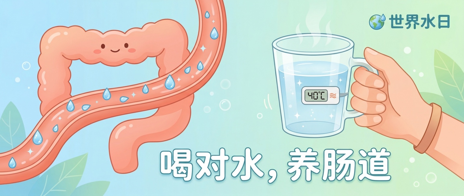 公众号封面图，健康科普风格，画面左侧是一只拟人化的可爱卡通肠道，像一条温柔的粉橙色传送带，上面有水滴在缓缓流动；画面右侧是一只拿着水杯的手，杯中装着清澈的温水，杯壁上有温度计显示40℃。背景是柔和的浅预览效果
