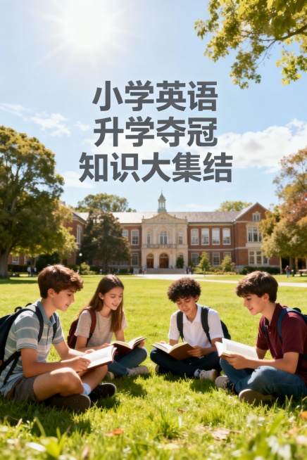 小学英语升学夺冠知识大集结，生成教材封皮，只出现这几个字，深灰色字体，字体清晰，优美的欧美风景和人物，使人有学习的欲望。生成20张预览效果