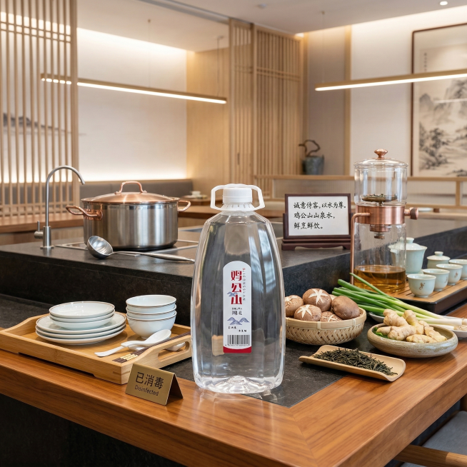 鸡公山4L饮用山泉水放在新中式餐饮门店的备餐台上，旁边摆放着消毒餐具、新鲜食材和盛水的容器，环境整洁明亮，突出山泉水适合餐饮烹饪、待客饮用的特质预览效果