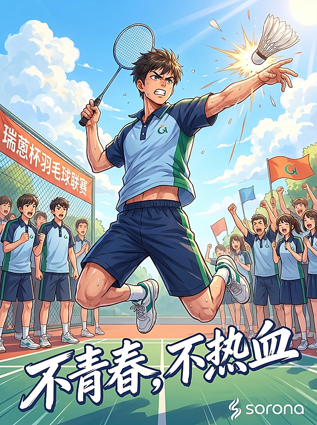 设计一张海报，男生穿着参考图中的清远校服，在户外羽毛球场做暴力扣杀羽毛球的动作，场边有观众加油，左上角横幅文字是"瑞蒽杯羽毛球联赛"，海报配文"不青春，不热血"，右下角保留字母sorona，动漫插画风格，热血青春氛围，晴朗蓝天背景。