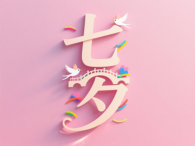 甜美梦幻的插画风设计，大字“七夕”融入纸雕元素，浪漫鹊桥与五色线点缀，营造节日氛围。