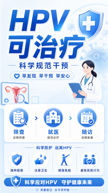 修改HPV科普宣传海报，减少文字内容，突出"HPV可治疗"核心信息，图文结合清晰明了，保持蓝白医疗风格预览效果