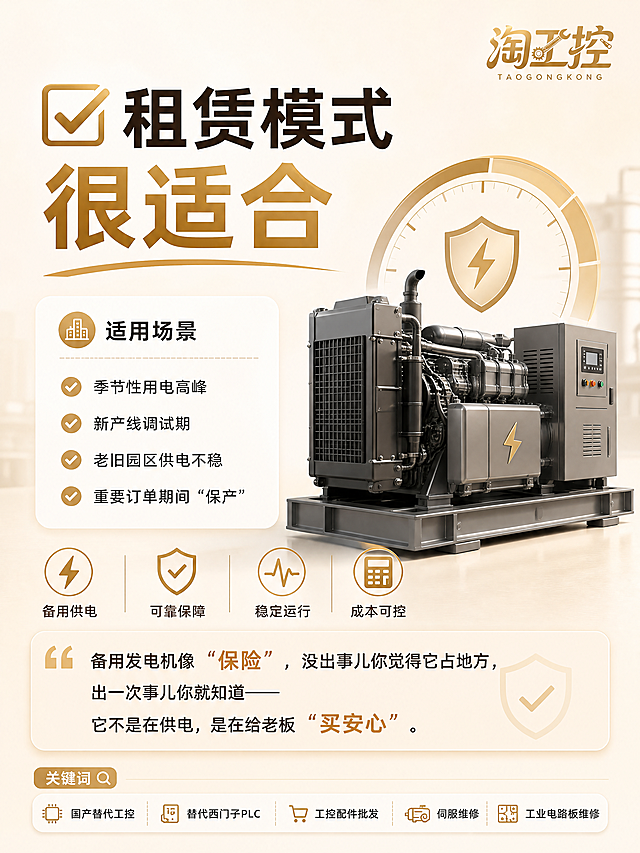 仿照参考图的设计风格，生成一张科普图文海报，标题："✅ 租赁模式很适合"，正文列出适用场景：
季节性用电高峰
新产线调试期
老旧园区供电不稳
重要订单期间“保产”
结尾文案：备用发电机像“保险”，没出事儿你觉得它占地方，出一次事儿你就知道——它不是在供电，是在给老板“买安心”。左下角添加产品词和维修词：国产替代工控、替代西门子PLC、工控配件批发、伺服维修、工业电路板维修。风格：浅米色暖调背景，工业科普图文，简洁干净图文排版，右上角有"淘工控"品牌logo，比例为3:4。