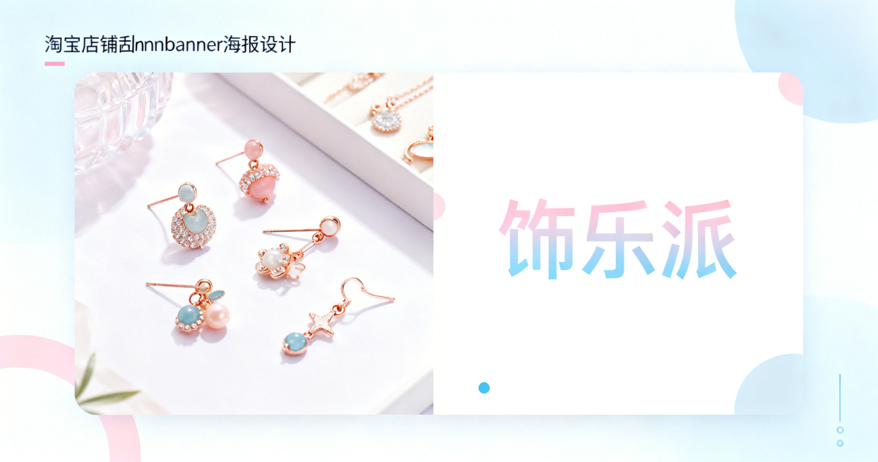 淘宝店铺横幅banner海报，售卖精致小饰品，采用左图右文布局，左侧展示精美好看的小饰品，右侧展示文字，包含店铺名"饰乐派"，整体风格清新时尚，适合首饰饰品店铺预览效果
