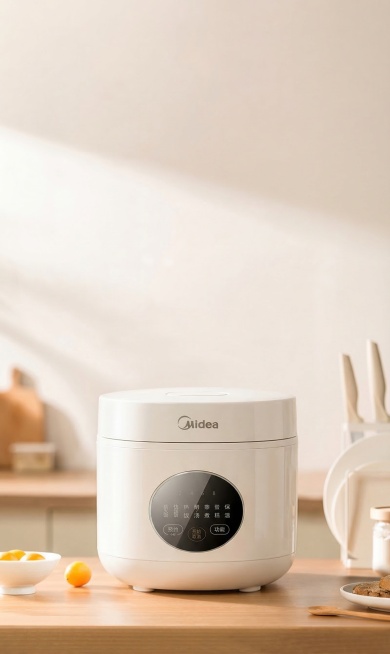 将图1的美的白色电饭煲放到图二的厨房木质台面上，位置居中自然，保持光影与背景环境一致，融合自然预览效果
