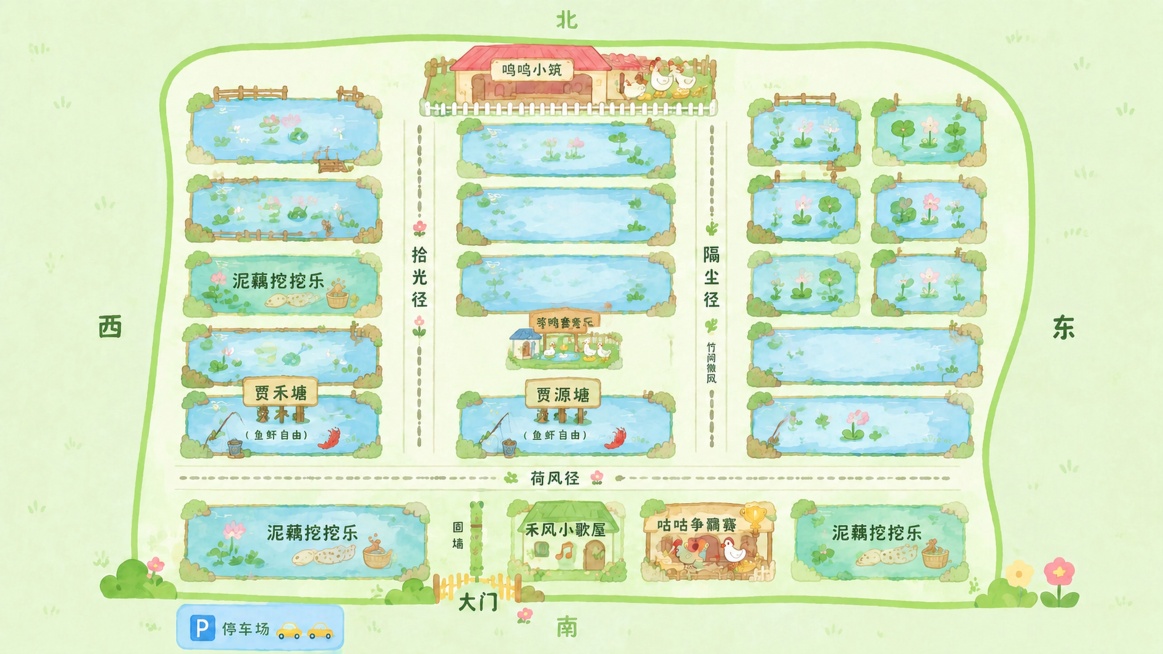 调整笨鸭套套乐位置：将笨鸭套套乐缩小范围，放置在贾源塘和贾源塘上方鱼塘之间的小径区域，保持原有清新手绘风格、所有文字和其他区域布局不变预览效果