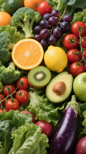 俯拍视角下，大量新鲜果蔬紧密排列形成的丰富构图，绿色生菜叶作为底层铺垫，中央区域点缀着切开的橙子（露出饱满果肉与清晰果瓣纹理）、完整的黄色柠檬、对半切开的绿色猕猴桃（黑色种子排列整齐）、深紫色葡萄串、红色小番茄（带绿色果蒂）、绿色西兰花（ florets 结构分明）、绿色牛油果（切开露出棕色果核）、青苹果、紫色茄子，所有果蔬色彩鲜艳饱和，呈现出极高的写实主义质感，表面带有自然光泽和细微水珠，光……预览效果