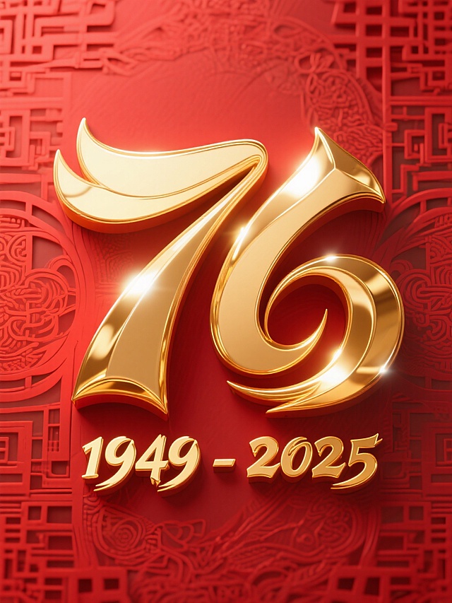 背景是红色搭配中式暗纹，主体是金色艺术感大字“76”，下方有金色艺术感小字“1949-2025”