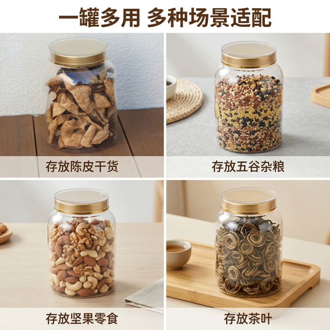 [主图 4] 双层盖储蓄瓶多场景适用展示
[氛围风格] 温馨生活场景，自然明亮光影，舒适简约风格
[画面元素] 采用四宫格拼图设计，每个宫格展示一个使用场景：1.存放陈皮干货、2.存放五谷杂粮、3.存预览效果