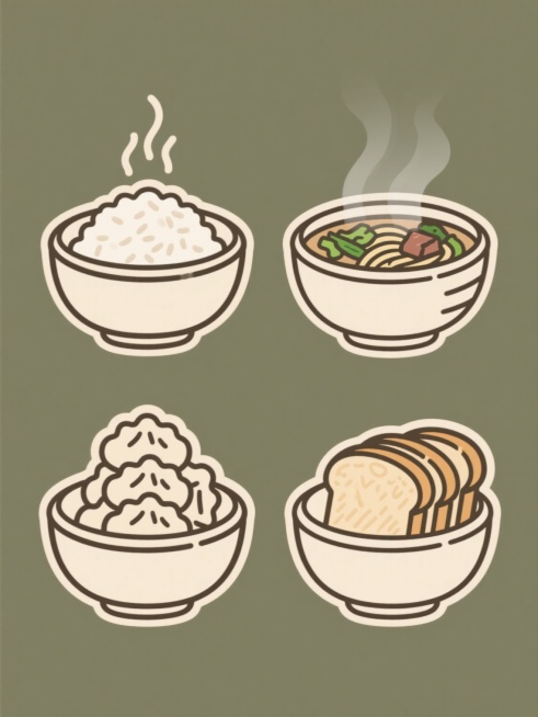 4个软3D风格图标规整排布在纯色背景上，保持相同的粗线条手绘风格，每个图标均为碗状容器元素，采用简洁配色，整体呈现协调一致的系列感。所有图标采用统一的剪影处理和轮廓线条。第一个图标展示热气腾腾的米饭，碗中盛满饱满的米饭，顶部有几缕向上飘散的热气线条；第二个图标为冒着香气的面汤，碗内汤汁清澈，面条根根分明，漂浮着绿色蔬菜和肉块，碗口有热气氤氲的效果；第三个图标是堆叠的饺子，数个饺子整齐地堆叠在碗……预览效果