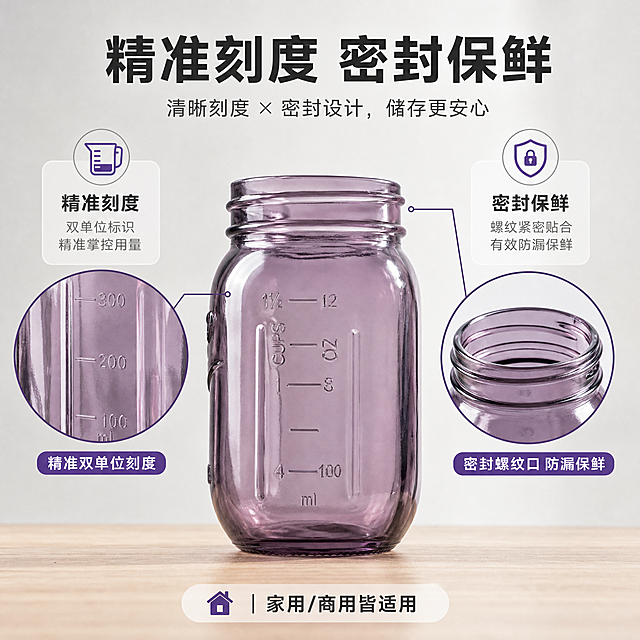 [主图-2] 核心卖点图，突出梅森罐的刻度精准与密封螺纹设计两大核心优势。
[统一基调] 1688工厂源头风格，浅灰渐变背景搭配浅木色台面，整体明亮通透、洁净实用；主标题用深灰粗黑体，辅助文字用中灰常规体，强调色用深紫色，字体统一为无衬线黑体，字号层级分明，卡片用细圆角浅灰底。
[画面] 左侧展示罐子刻度面特写，清晰可见100ml、200ml、300ml刻度线以及盎司和杯单位标识，用引线标注"精准双单位刻度"；右侧展示瓶口螺纹特写，螺纹清晰圆润，用引线标注"密封螺纹口 防漏保鲜"。产品外观与输入图完全一致，紫色玻璃材质。背景为浅灰色渐变，底部有浅木色台面，产品放置自然，有接触阴影。
[光影质感] 商业摄影质感，侧光突出刻度浮雕立体感和螺纹细节，玻璃有通透反光，质感真实。
[配色] 背景浅灰，产品紫色玻璃，引线和标注用深紫色，文字深灰色。
[文字版式] 顶部主标题"精准刻度 密封保鲜"，左右两侧各有一个卖点图标加短文字说明，底部补充"家用/商用皆适用"，文字布局在产品周围负空间，不遮挡关键细节。
[输出要求] 1:1正方形比例，2048*2048，刻度和螺纹细节清晰，产品不变形，文字清晰，无水印无平台logo。